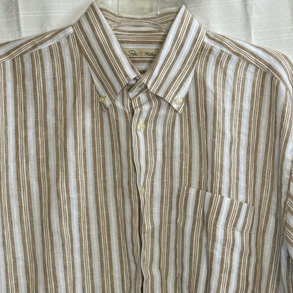 Peter Millar Men's Long Sleeve striped Shirt 100% Linen, Button-Up Size XL beige - Picture 1 of 7